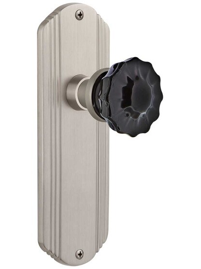 Streamline Deco Door Set with Colored Fluted Crystal Glass Knobs Black in Satin Nickel.